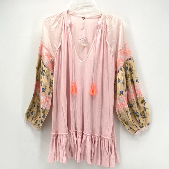 FREE PEOPLE PINK FLORAL BOHO PEASANT MINI DRESS - Picture 3 of 13